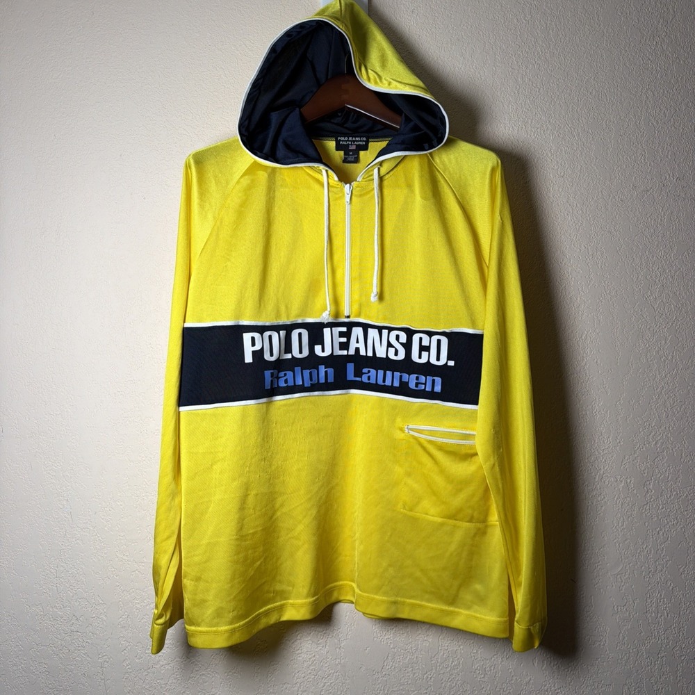 Polo Jeans Co Ralph Lauren Hoodie Mens Medium Yellow 1/4 Zip Spell Out